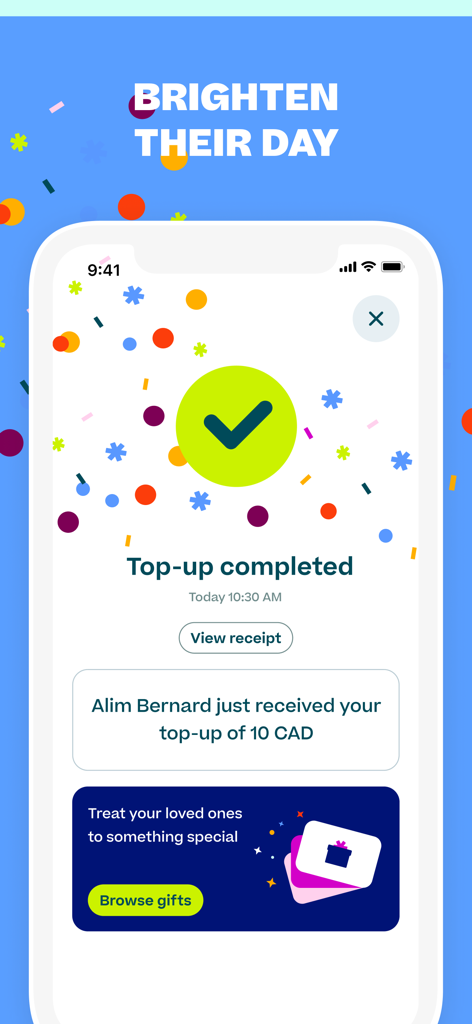 A smartphone screen showing a successful international mobile recharge confirmation in the Ding app