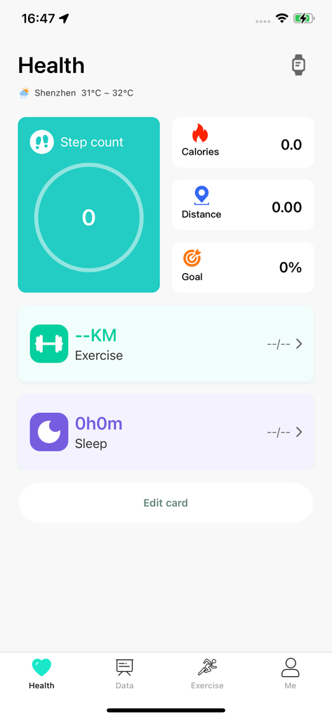 HryFine app dashboard showing health metrics like step count, calories, distance, and sleep tracking