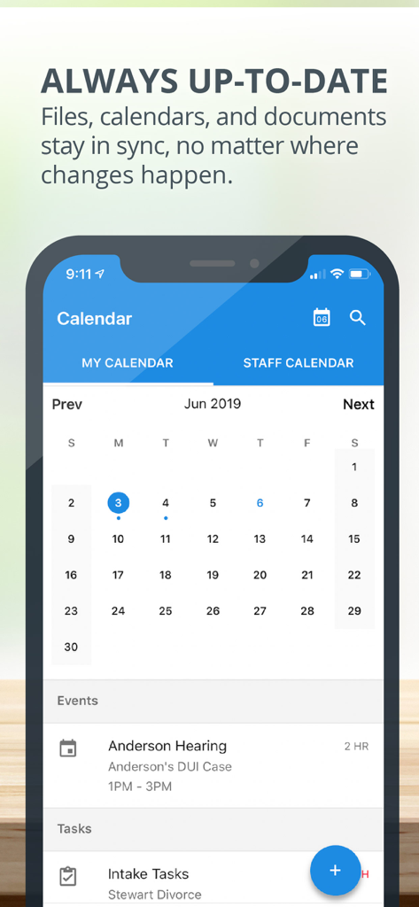 MyCase mobile app calendar interface showing case hearings and tasks synchronized across devices