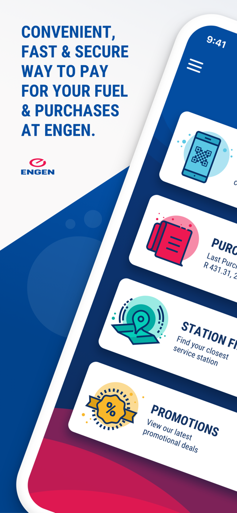 Engen 1 app - Interfaz de la app Engen 1 mostrando escaneo y pago de combustible, localizador de estaciones y funciones de promociones