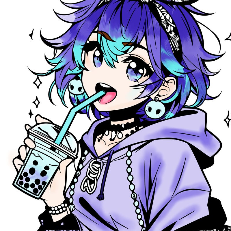 hot baddie anime girl drinking boba and biting the straw