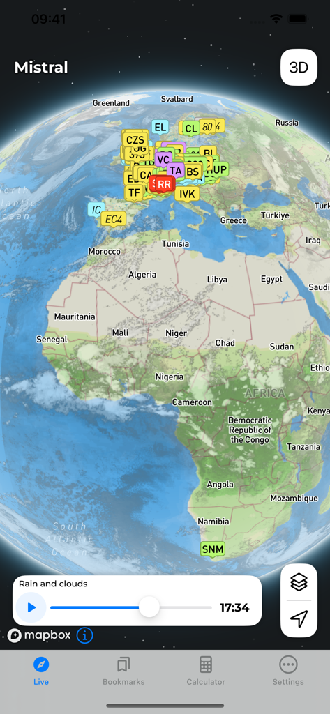 Mistral Gliders - Aplicación Mistral Gliders mostrando posiciones de aeronaves en vivo en un mapa globo 3D con información meteorológica