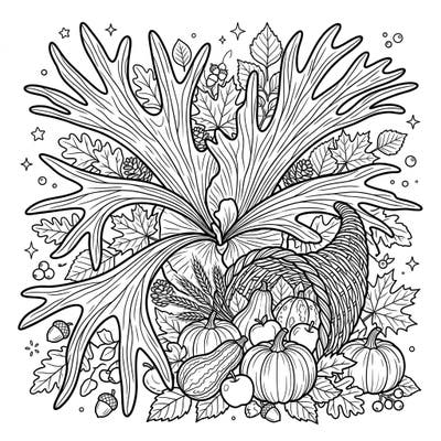 Immerse yourself in the beauty of autumn with this unique coloring page featuring a magnificent Staghorn Fern. It's beautifully intertwined with classic Thanksgiving harvest elements like pumpkins, cornucopias, and vibrant fall leaves, perfect for celebrating the season.