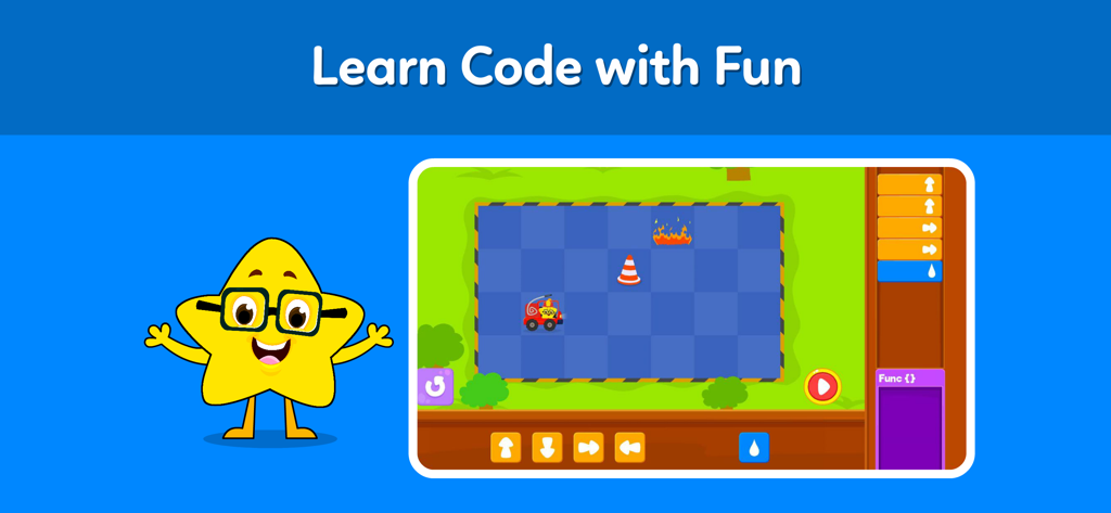 Interfaz de juego de codificación educativo para niños que presenta un camión de bomberos y rompecabezas de lógica