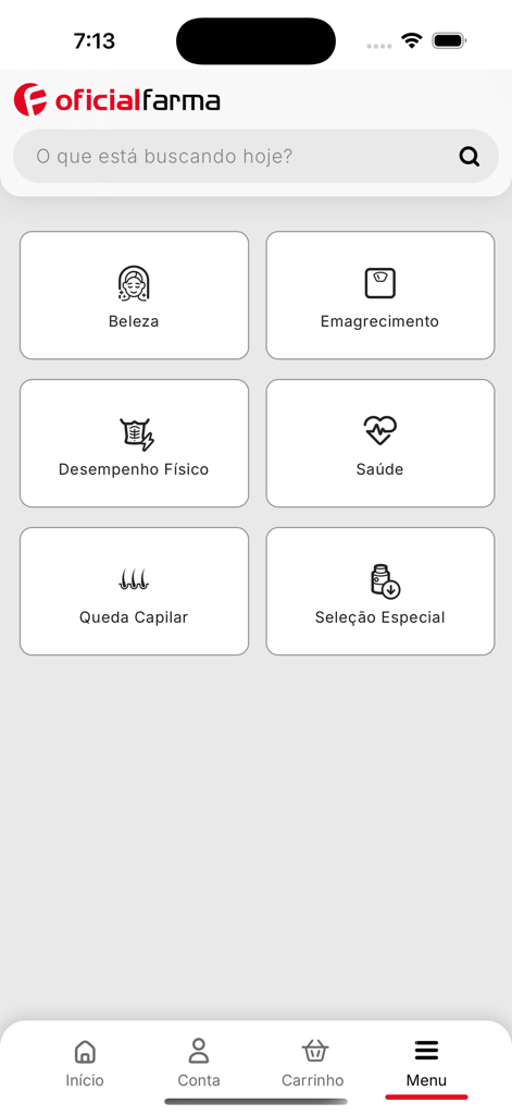 OficialFarma - Menu do aplicativo móvel OficialFarma mostrando categorias de compras como beleza, perda de peso, saúde e cuidados com o cabelo.
