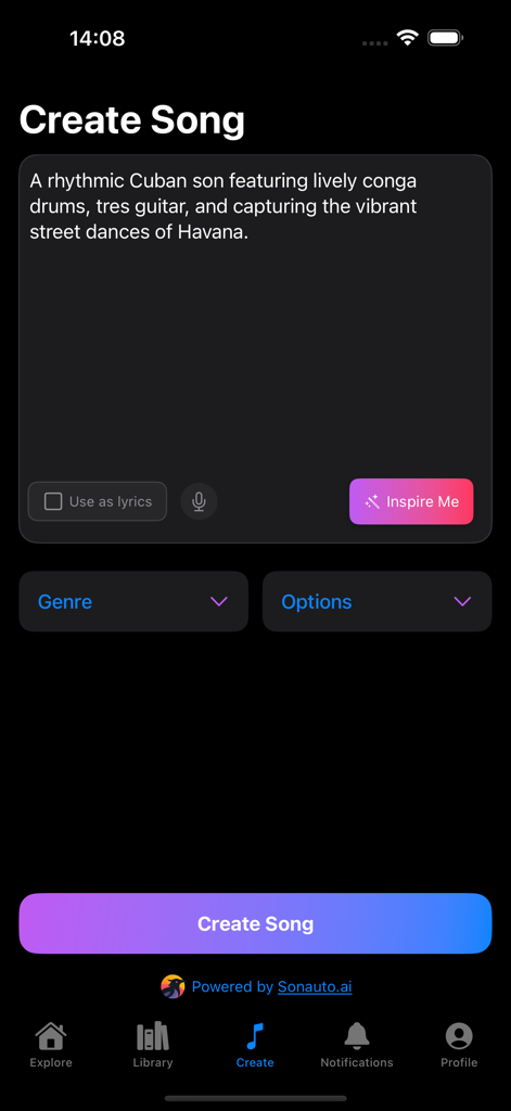 Melo - AI Song Generator - Interface do aplicativo Melo AI Song Generator mostrando um prompt de texto para criar uma faixa de son cubano rítmico.