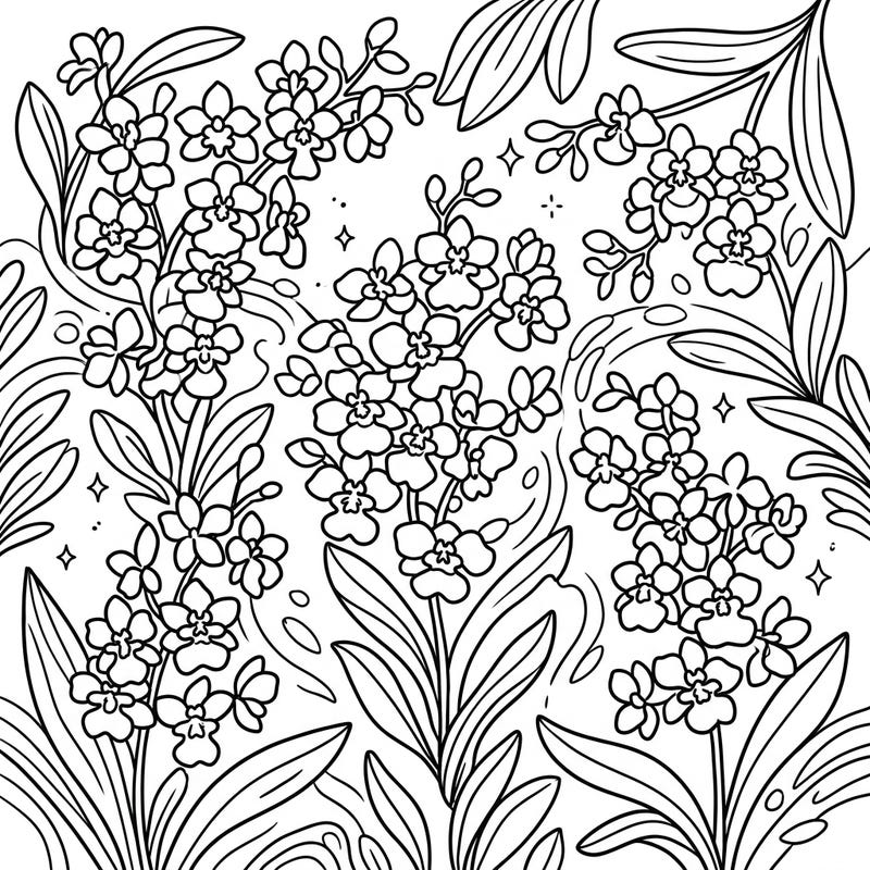 Dive into a garden of vibrant colors with this delightful Oncidium Orchid coloring page! Perfect for young artists aged 4 to 8, it features charming 'Dancing Lady' flowers ready for their creative touch.