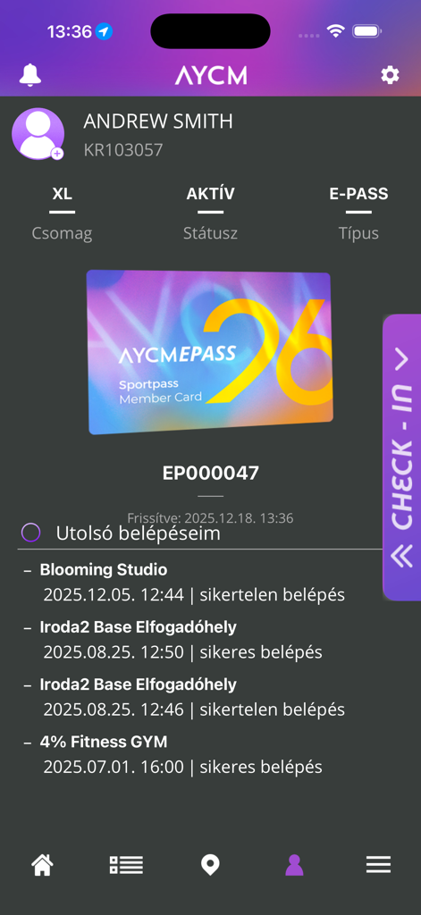 User profile screen of AYCM app showing active digital membership card and check-in history