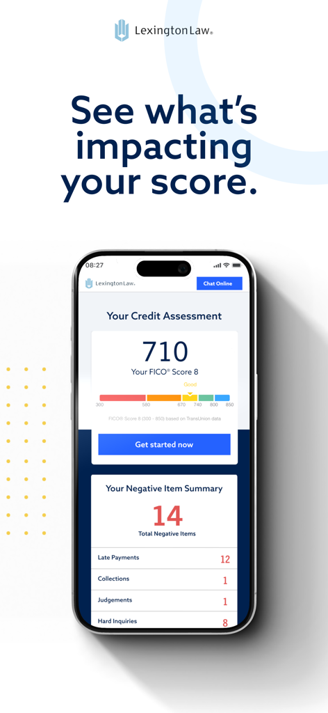 Lexington Law - Credit Repair - Lexington Law app showing a 710 FICO score assessment and a summary of negative credit items including late payments and collections