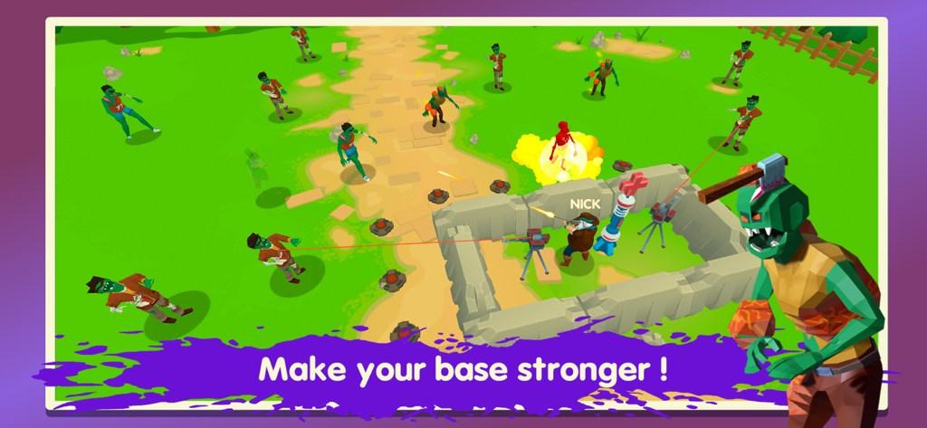 Two Guys And Zombies 3D - Gameplay screenshot showing a character named Nick defending a stone base with turrets against a zombie horde in a green field