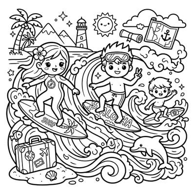Catch some epic waves with our super cute Kawaii Surfers Vacation coloring page! This delightful scene brings together the thrill of surfing with adorable characters and tropical elements, perfect for a sunny creative escape.