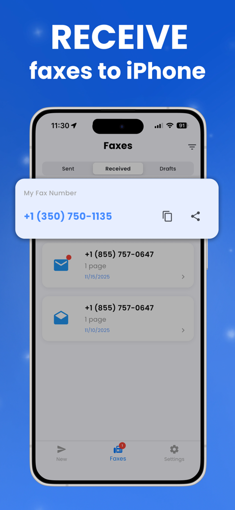 FaxFlow mobile app interface showing received faxes list and a dedicated fax number on an iPhone screen