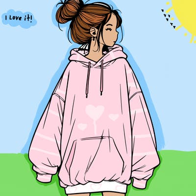 realistic girl with a oversized sweatshirt on and a bun