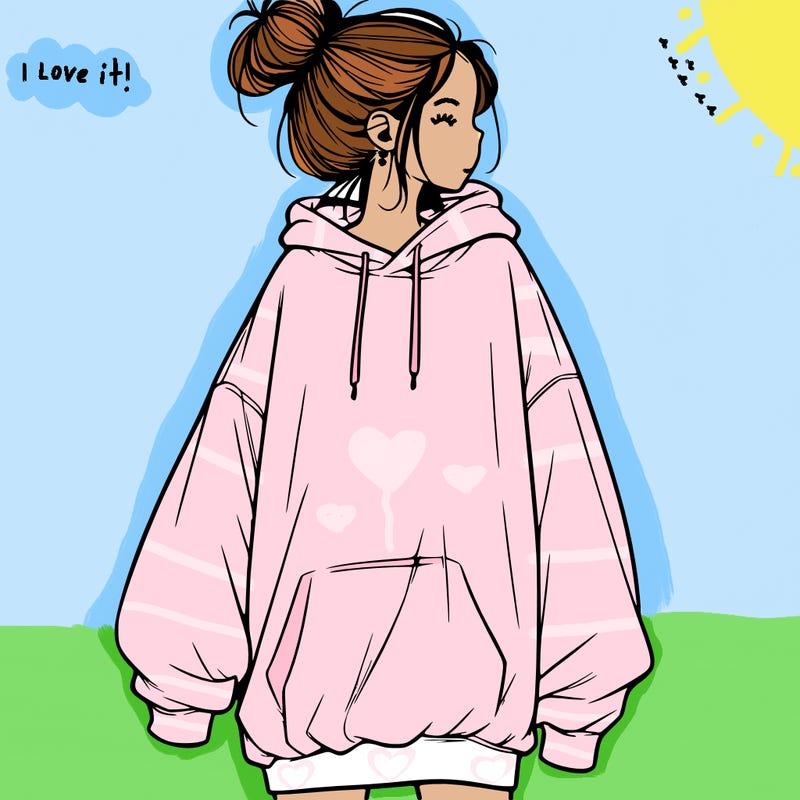 realistic girl with a oversized sweatshirt on and a bun