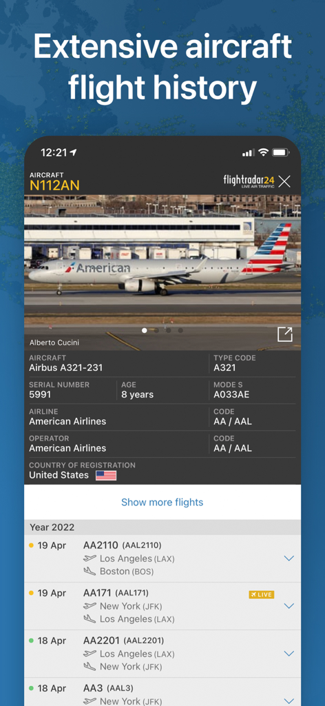 Flightradar24 app interface showing extensive flight history and technical details for an American Airlines aircraft