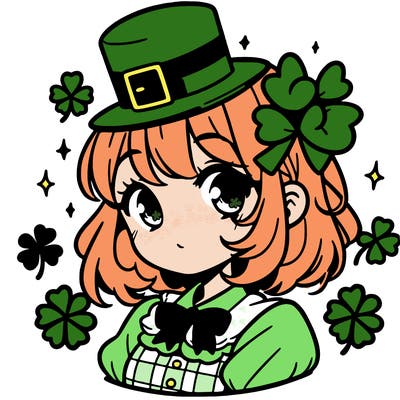a manga-style girl with clovers around her, a little hat in her hair, like it's saint patrick's day