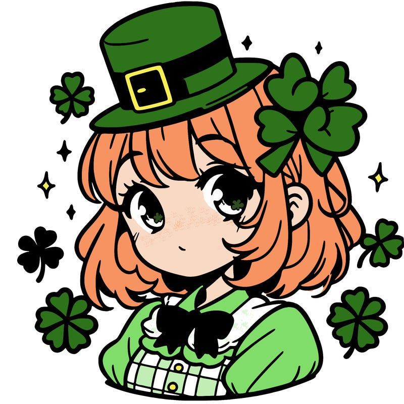 a manga-style girl with clovers around her, a little hat in her hair, like it's saint patrick's day