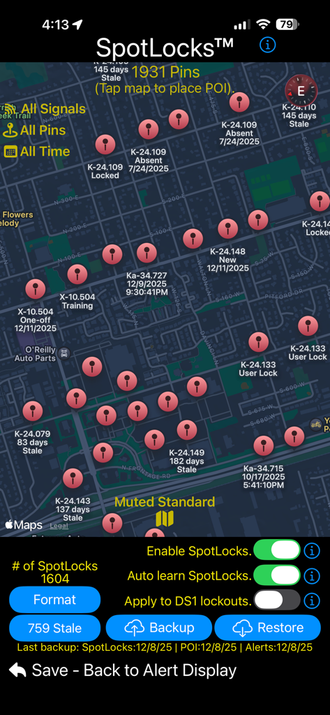 DS1 Companion - A map interface in the DS1 Companion app showing numerous radar signal pins and SpotLocks muting controls