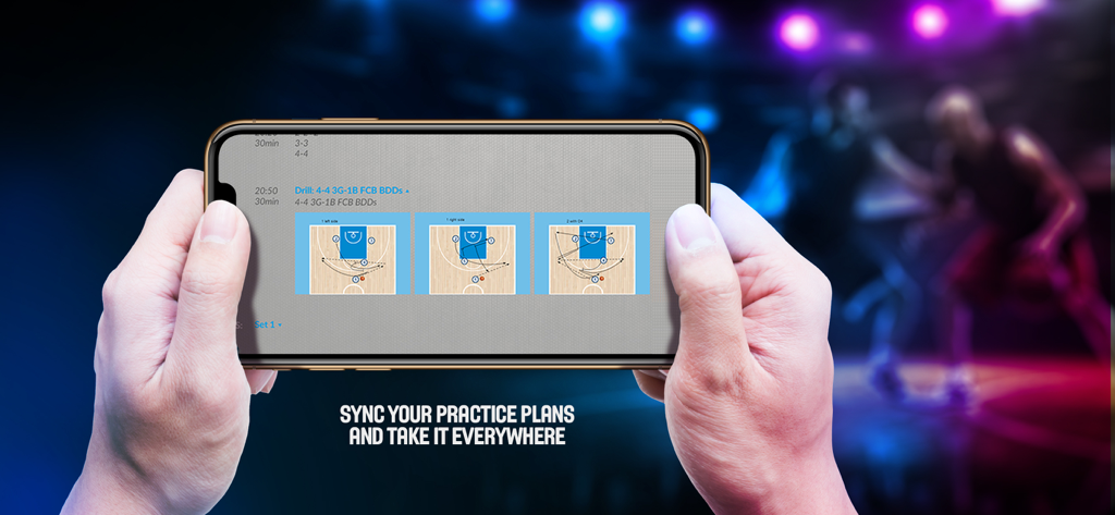 Smartphone showing basketball drill diagrams and practice plans on the FIBA coaching app