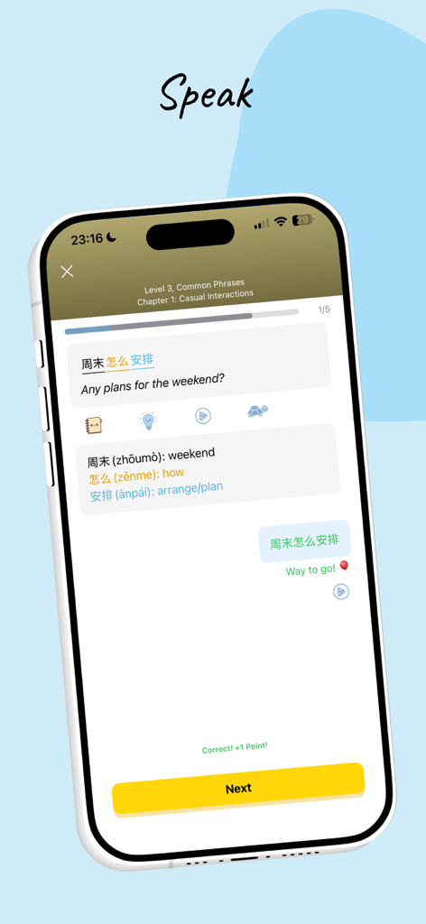 TalkHere - Language Learning - A smartphone showing the TalkHere app interface for a Chinese speaking lesson with translations.