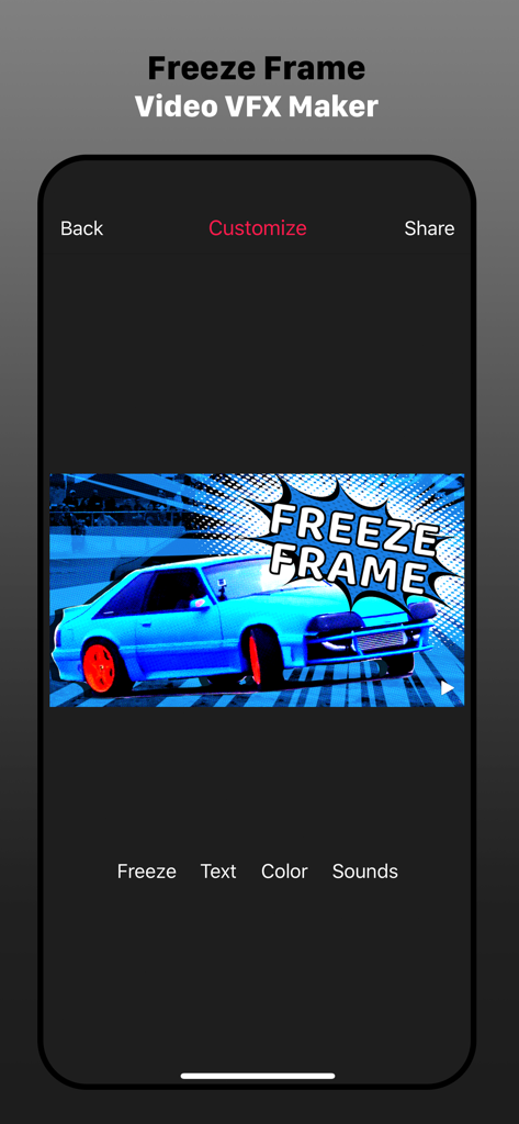 Freeze Frame Intro Movie Maker - Interface do aplicativo Freeze Frame Video VFX Maker mostrando uma edição estilizada de freeze frame em estilo de quadrinhos de um carro esportivo azul.