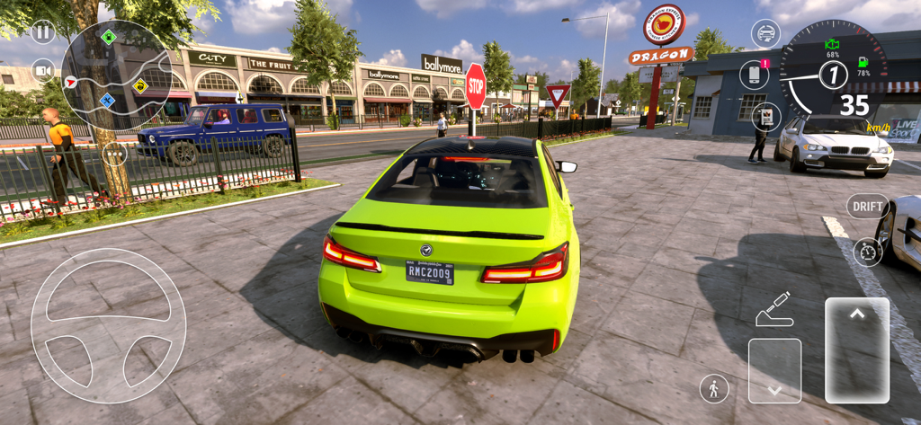 A lime green car driving through a city with road signs in Car Parking Driving School