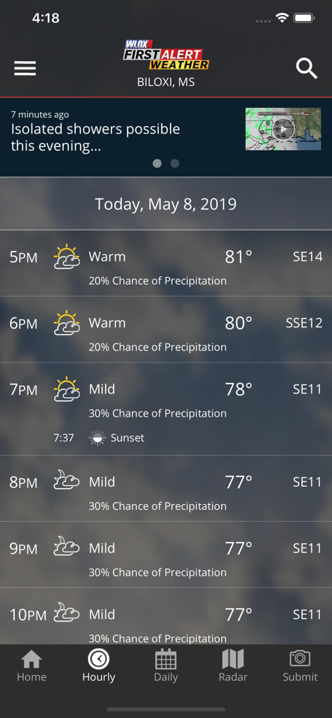 WLOX Weather - Hourly weather forecast screen for Biloxi in the WLOX Weather app