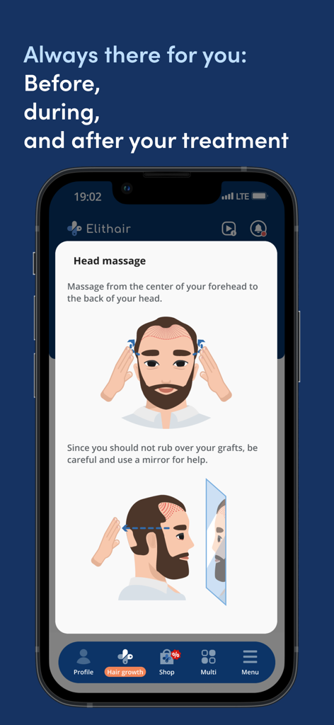 Elithair - Elithair app showing illustrated instructions for a post-hair transplant head massage