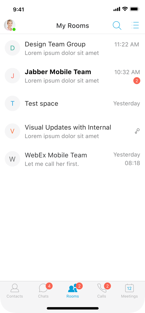 Cisco Jabber - Cisco Jabber mobile app showing the My Rooms chat group list interface