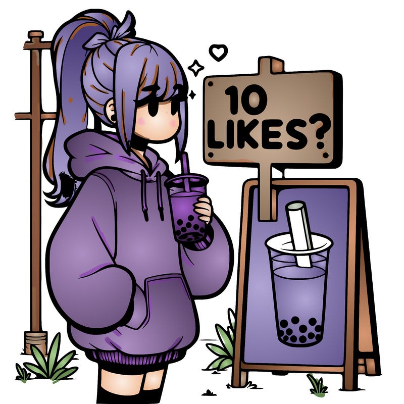 girl with oversized hoodie drinking boba and she has a high ponytail with a sign that says 10likes?