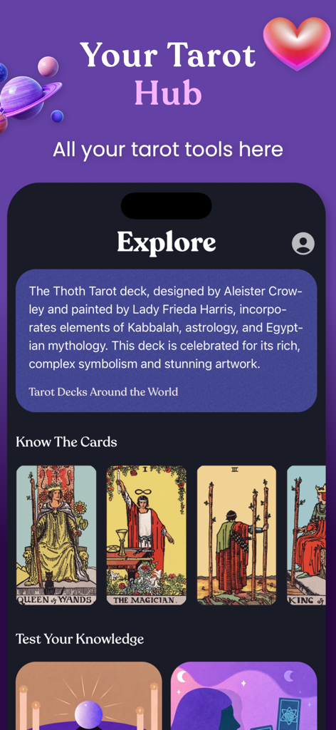 Interface of the Tarot Card Meanings and Reading app showing the central hub for learning and exploration