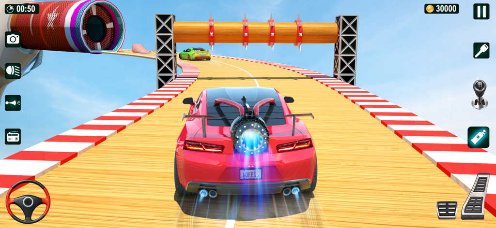 GT Car Stunt Driving Game - A red sports car with a jet engine booster racing on a high-altitude mega ramp track