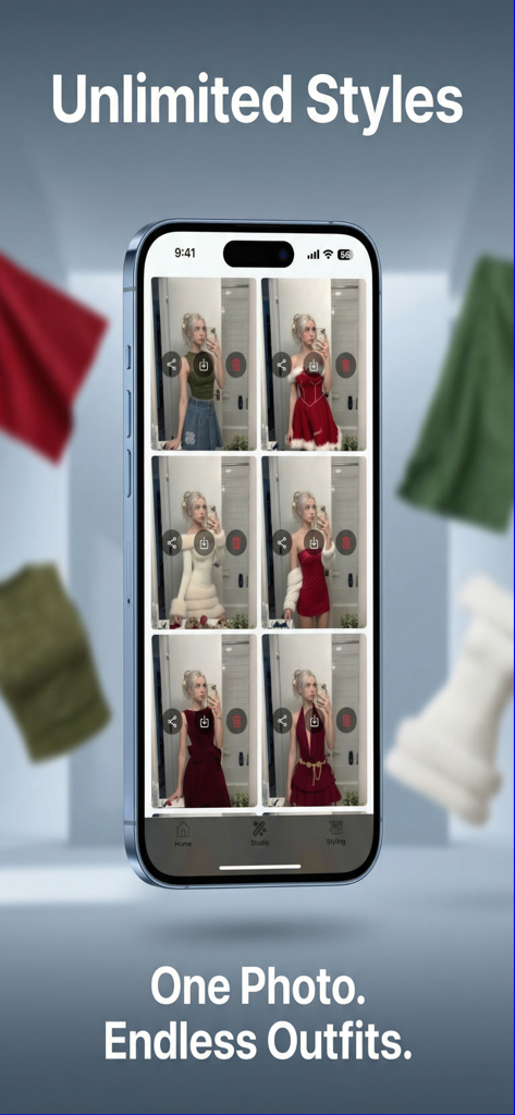 Mobile app interface showing AI-generated virtual outfit try-on with different styles from a single photo.