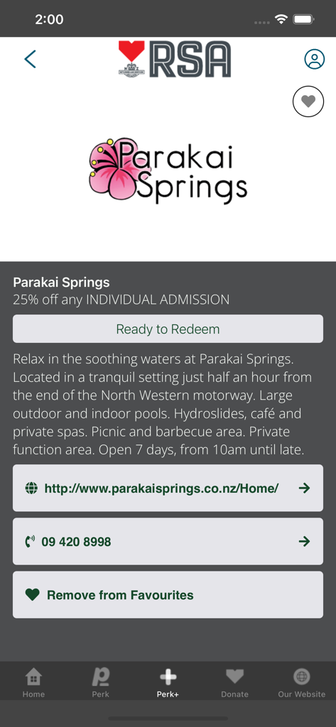 RSA Club Card app displaying a 25 percent discount offer for Parakai Springs admission