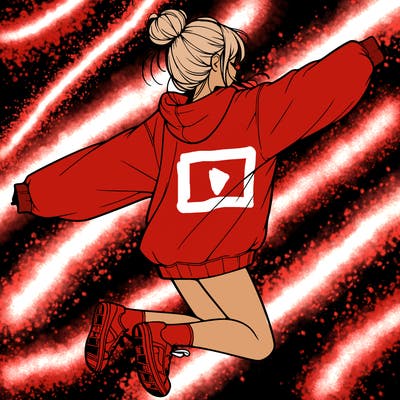 realistic girl jumping with a bun and oversized sweatshirt