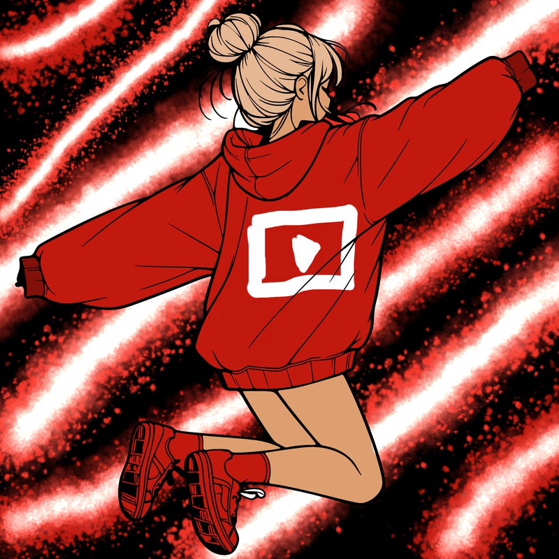 realistic girl jumping with a bun and oversized sweatshirt