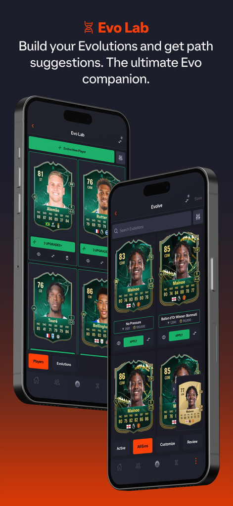 Mobile app screen showing the Evo Lab feature in FUT.GG for building player evolutions and suggesting upgrade paths in FC 26