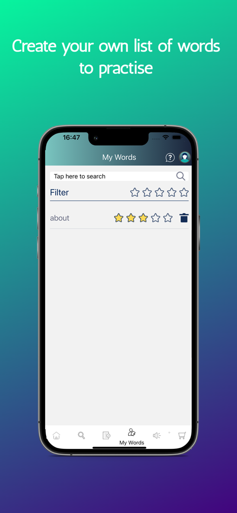Say It: English Pronunciation - Schermata dell'app Say It che mostra la funzione Parole mie per creare un elenco personalizzato di vocabolario inglese da praticare.