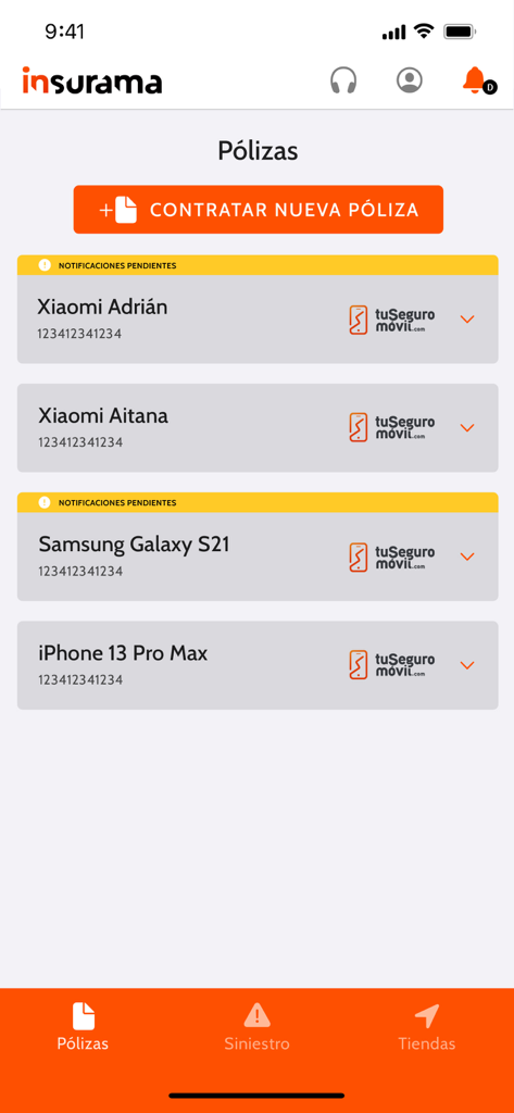 Insurama - Pantalla de la app Insurama que muestra una lista de pólizas de seguro de smartphone para diferentes dispositivos