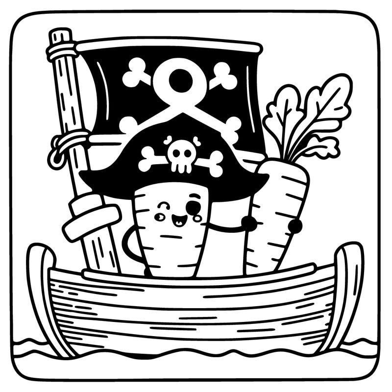 a carrot on a pirate ship, holding a treasure map