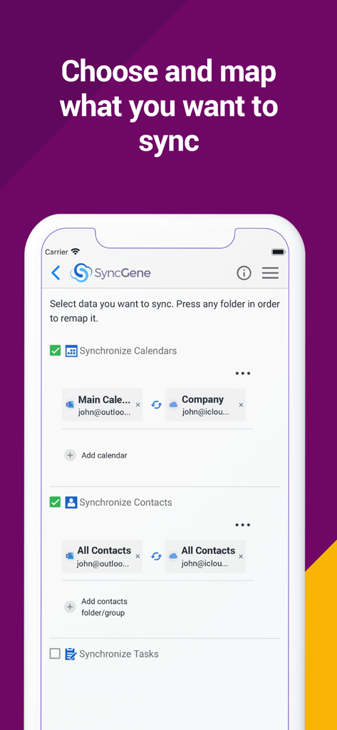 SyncGene mobile app interface showing options to choose and map calendars and contacts synchronization between Outlook and iCloud