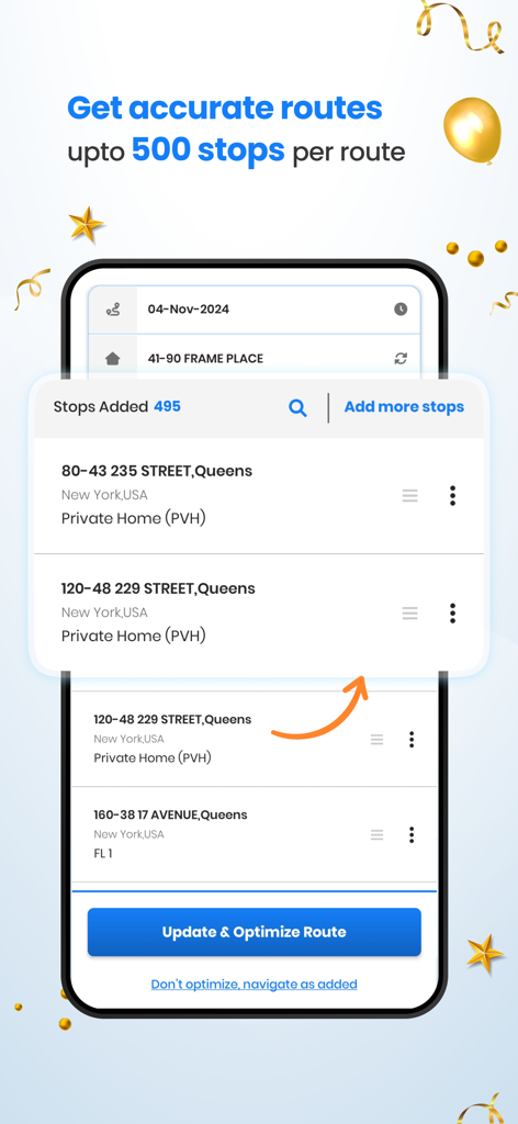 Zeo Route Planner interface showing the ability to add and optimize up to 500 delivery stops per route