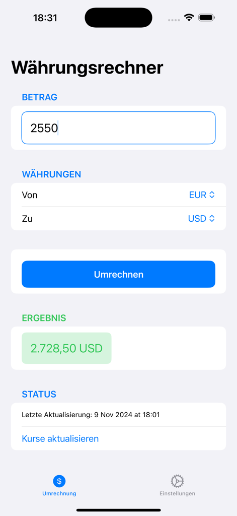 Oberfläche der Währungsrechner Offline-App, die eine Währungsumrechnung von Euro in US-Dollar zeigt.