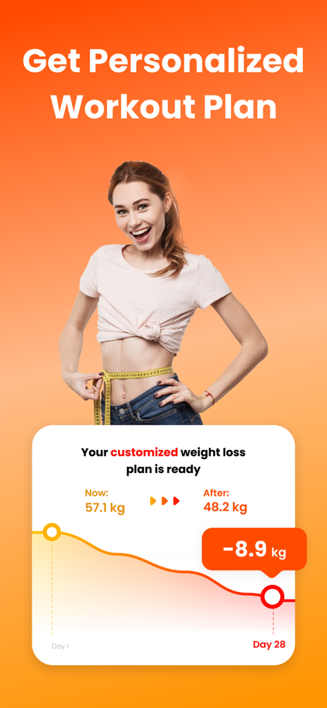 EasyFit - Female Workout - EasyFit app interface displaying a personalized weight loss plan for women showing a 28 day progress chart and goal weight