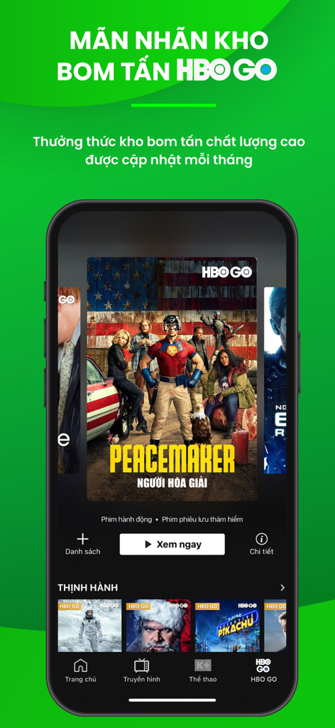 VieON app interface showcasing HBO GO blockbusters and trending movies like Peacemaker