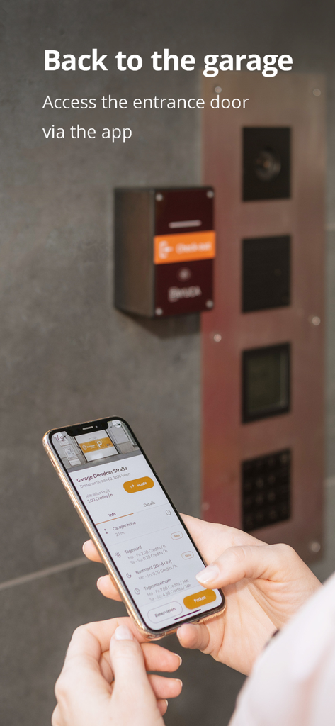 PAYUCA Smart Parking - A person using the PAYUCA app on their smartphone to access a parking garage entrance