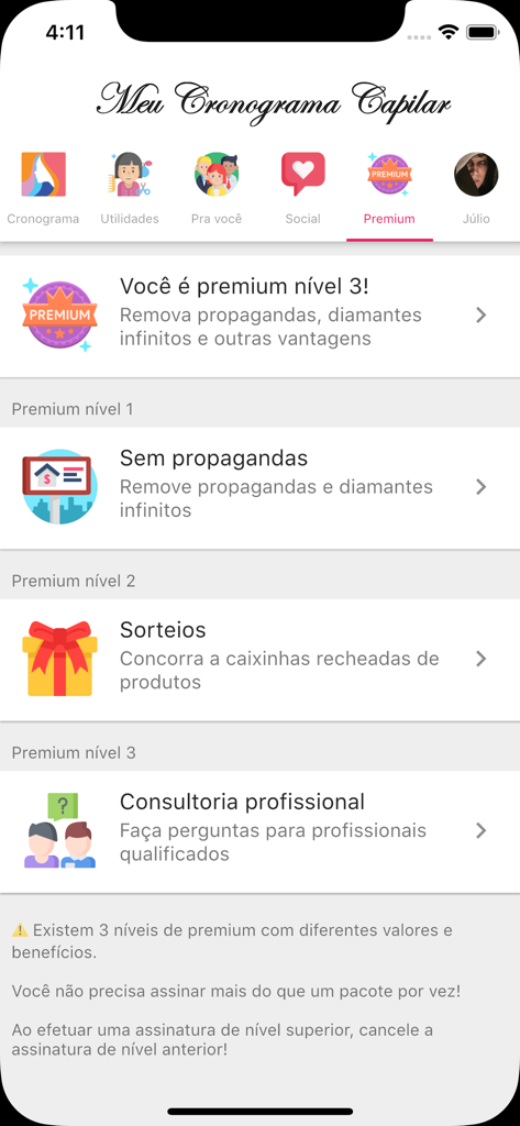 Ein Bildschirm der Meu Cronograma Capilar App, der verschiedene Premium-Abonnement-Stufen und ihre spezifischen Vorteile anzeigt.