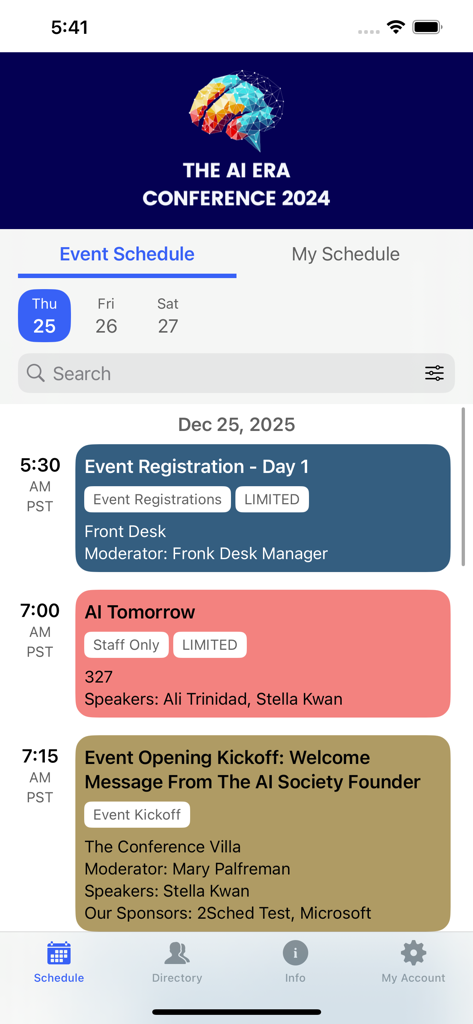 Sched mobile app interface displaying a conference schedule with session times and details.