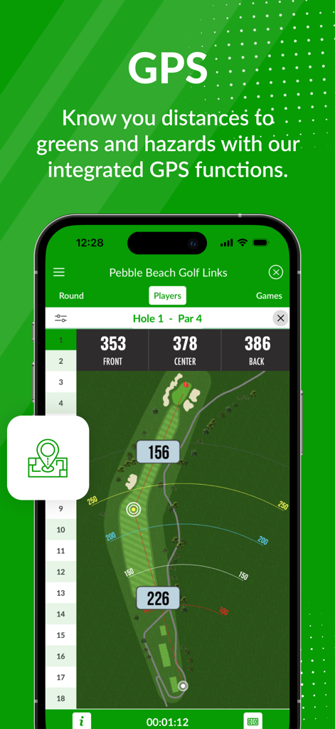 Beezer Golf app GPS rangefinder interface showing distances to greens and hazards on a golf course map