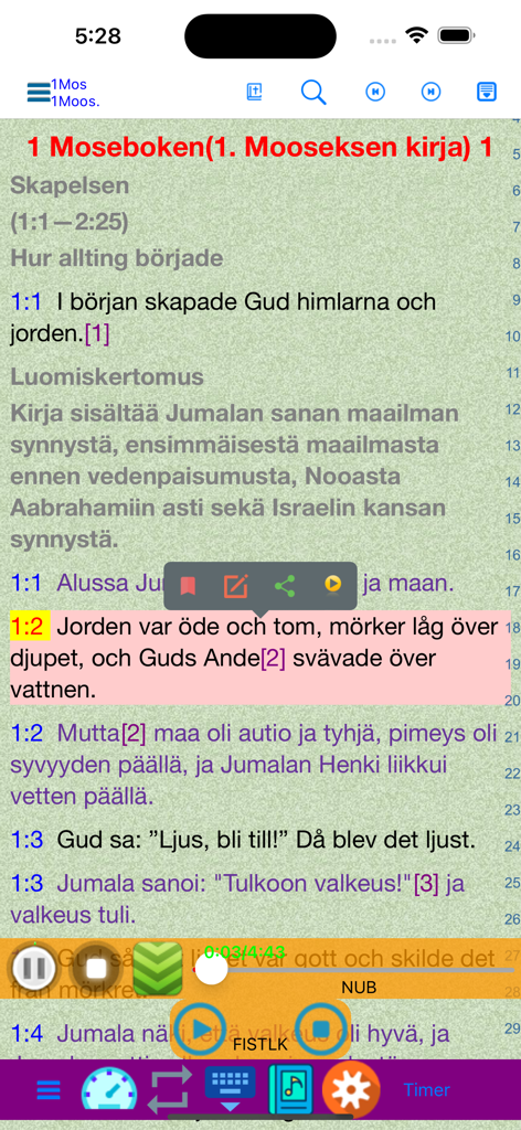 Swedish Finnish English Bible - Screenshot of a trilingual Bible app displaying the Book of Genesis with side-by-side Swedish and Finnish text translations and audio playback controls.